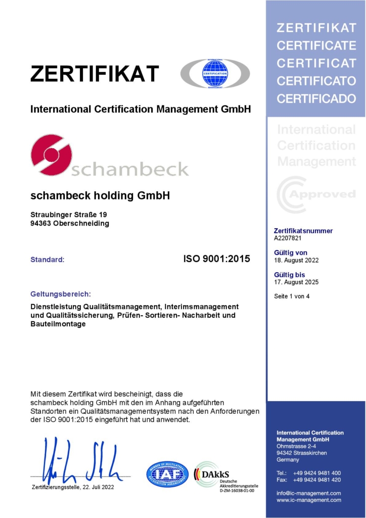 ISO 9001:2015 Zertifikat der schambeck group