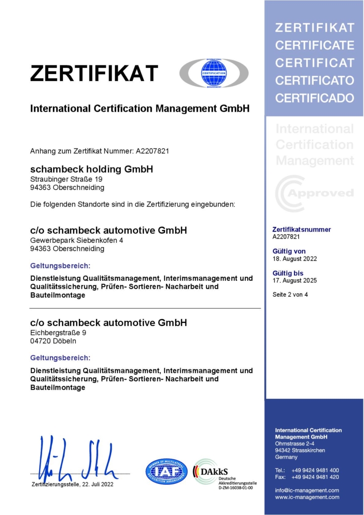 ISO 9001:2015 Zertifikat der schambeck group