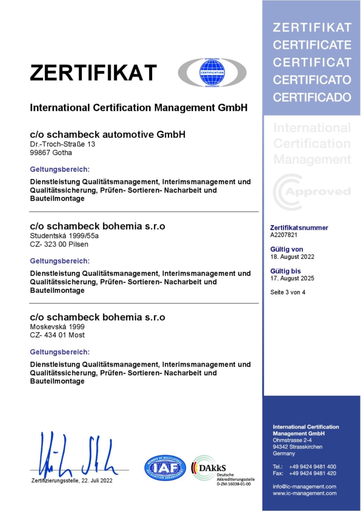 ISO 9001:2015 Zertifikat der schambeck group