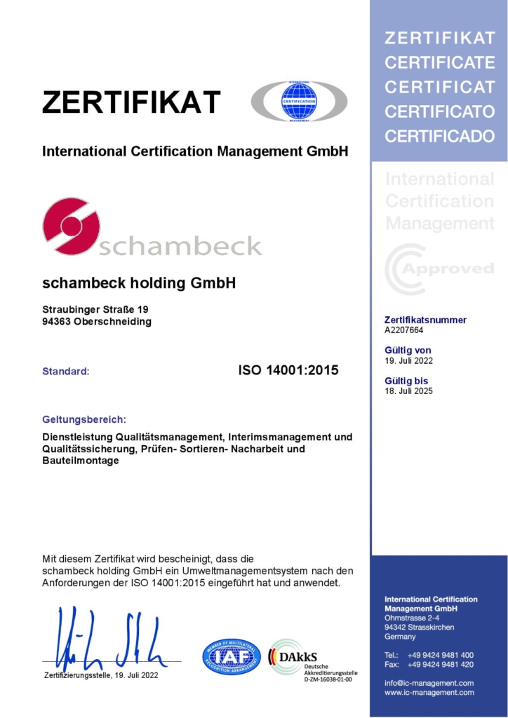 ISO 14001:2015 Zertifikat für Einführung eines Umweltmanagementsystems in der schambeck group